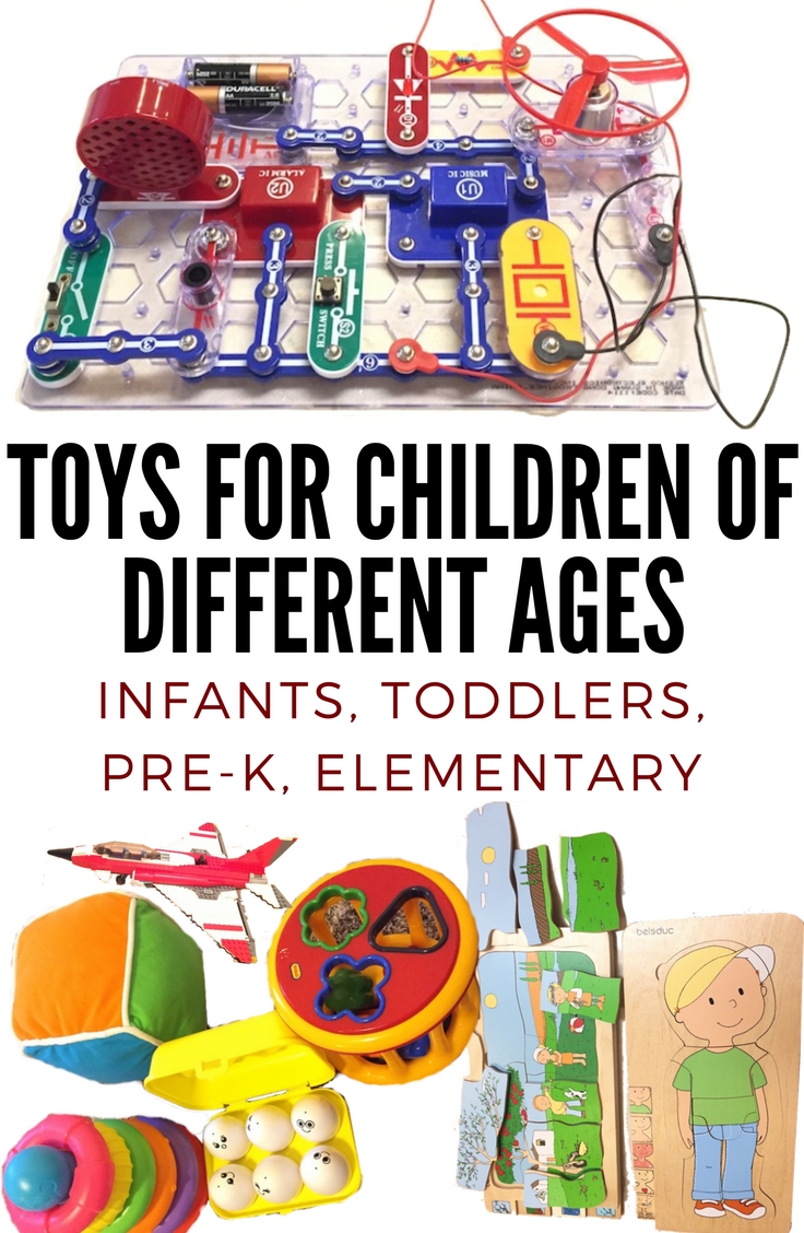 Toys for children of different ages: Infants, Toddlers, Pre-K, Elementary