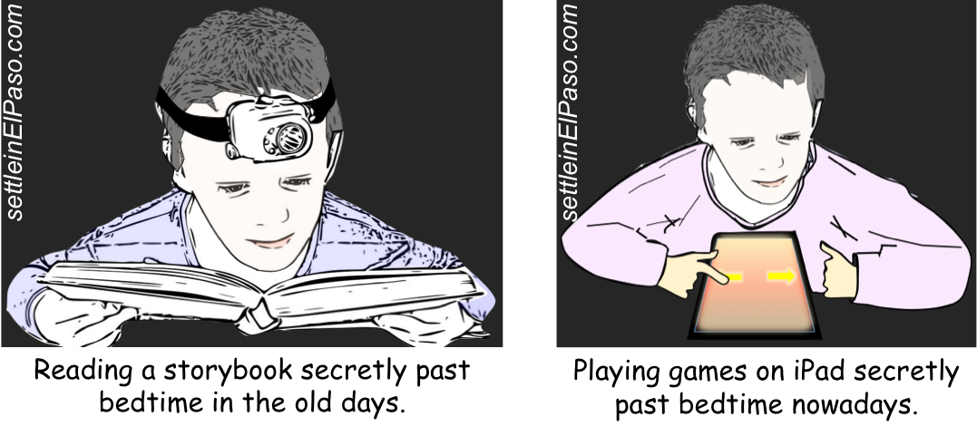 Kids reading or playing past their bedtimes --- old days and present times