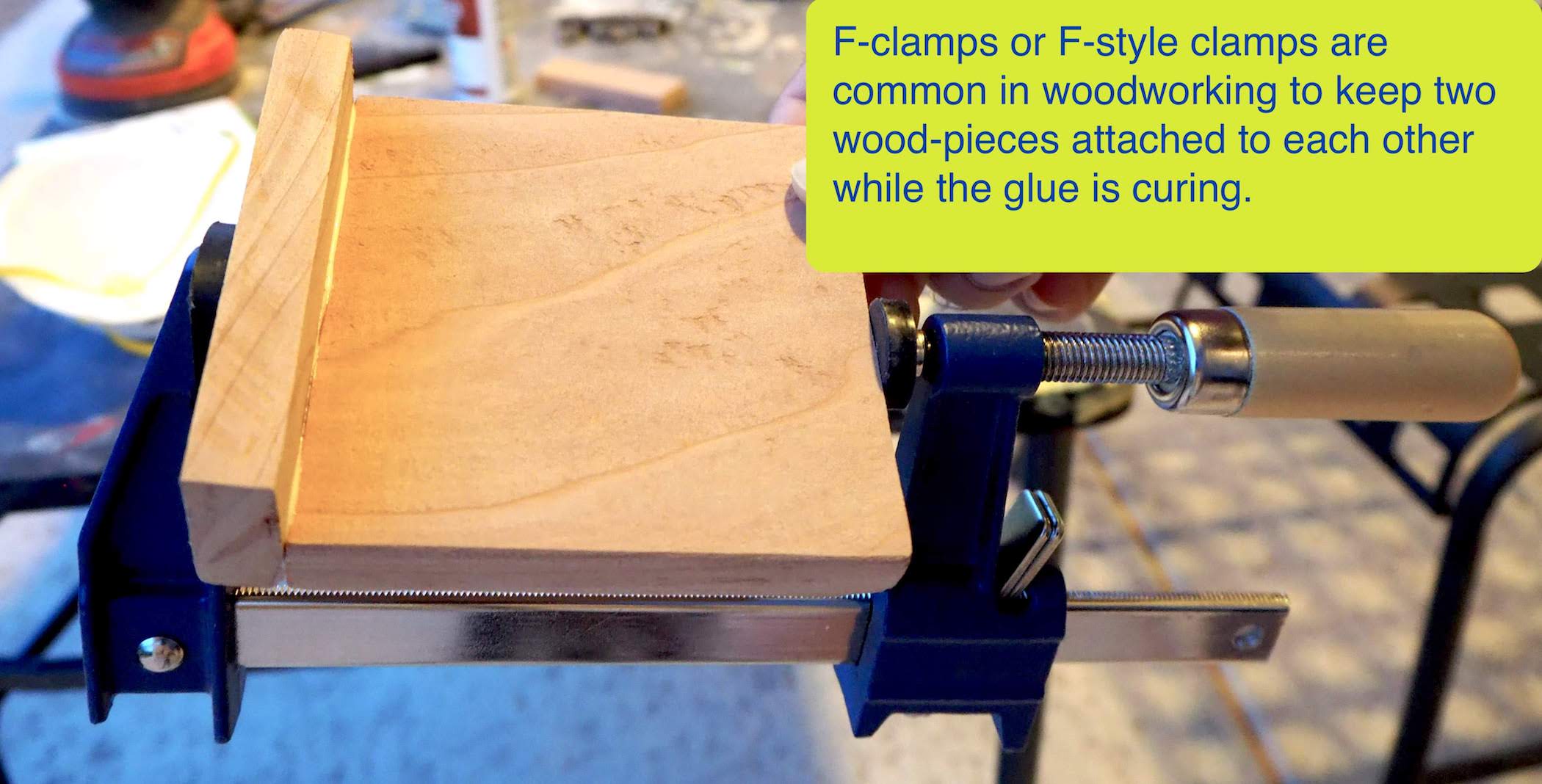 F-style clamps help keeping the wood boards together while being cured.